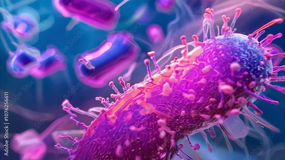 Poster a close-up view of microorganisms, featuring colorful bacteria and cellular structures against a vib