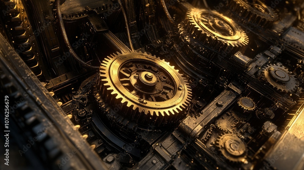 Poster intricate close-up of golden gears and mechanical components in a steampunk-inspired machine with gl