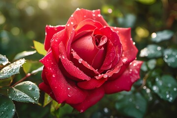  Red rose with drops of water
