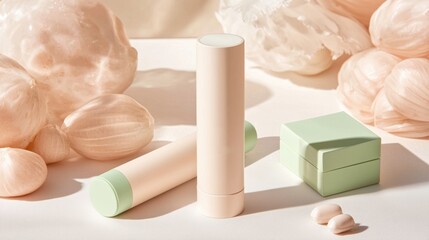 Mock-up concept for minimalist skincare tube packaging. A minimalist display of cosmetic products in soft pastel colors, surrounded by shells, creating a serene and elegant aesthetic