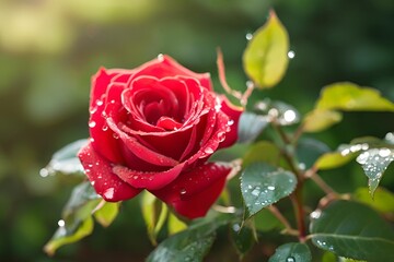 Red rose with drops of water