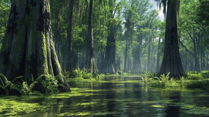 Obraz premium A Tranquil Swamp with Tall Trees and Lush Foliage