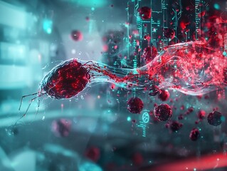 Glowing Nanobot Swimming Through Holographic Bloodstream  Symbolizing Advancements in Microscopic Medical Technology