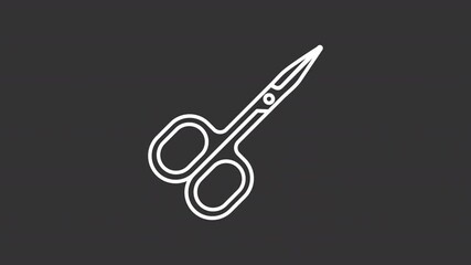 Manicure scissors white animation. Nail care, grooming line animation. Personal hand care and hygiene. Isolated illustration on dark background. Transition alpha video. Motion graphic