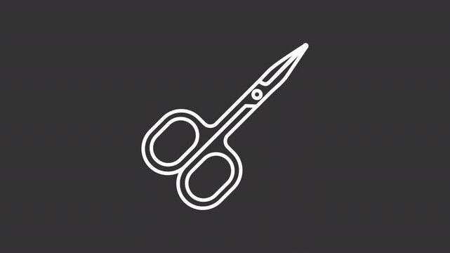 Manicure scissors white animation. Nail care, grooming line animation. Personal hand care and hygiene. Isolated illustration on dark background. Transition alpha video. Motion graphic