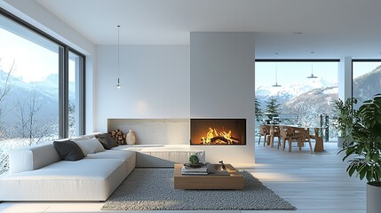 Fototapeta premium White corner sofa near fireplace. Scandinavian home interior design of modern living room, 4k Resolution
