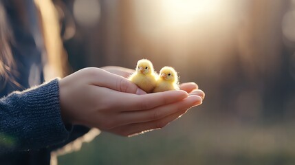 Two fluffy chicks in hands under soft sunlight.