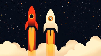 Fototapeta premium A rocket taking off with a Bitcoin symbol on it, depicting the burgeoning and exciting growth of Bitcoin and cryptocurrency.