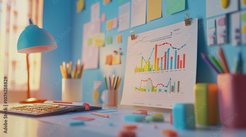 Poster analyze profitability trends with engaging visuals in a bright office workspace setting