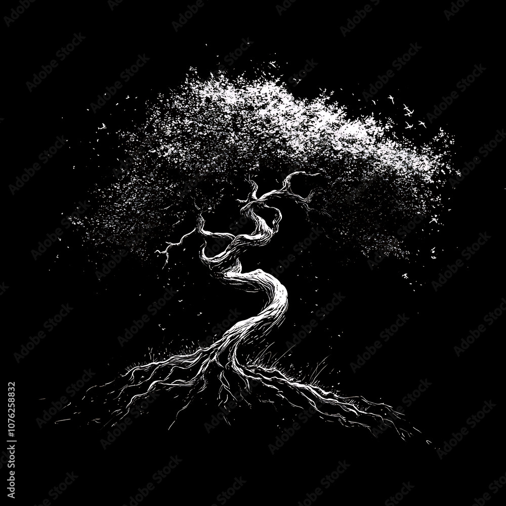 Poster striking black and white illustration of tree with twisting branches and roots, symbolizing strength
