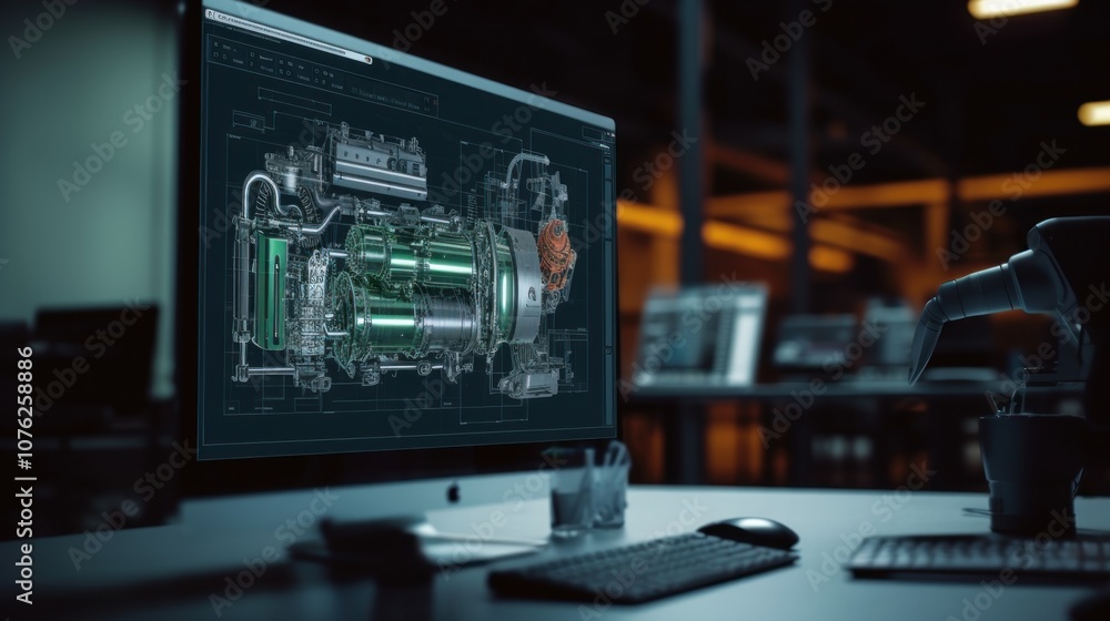 Poster computer screen showing technical diagram of an engine