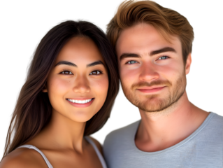 "Happy mixed-race couple smiling together, showing closeness and affection, isolated on transparent background, PNG