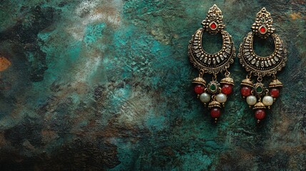 Fototapeta premium Traditional Indian Earrings on Rustic Background