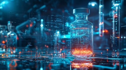 Futuristic Biotechnology Lab Developing Glowing Vaccine with Holographic Data