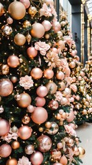 A beautiful arrangement of decorated Christmas trees adorned with pink and gold ornaments in a festive indoor setting celebrating the holiday season