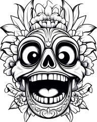 Fototapeta premium A skull with a big smile on its face. The skull is surrounded by flowers and leaves. Scene is lighthearted and playful
