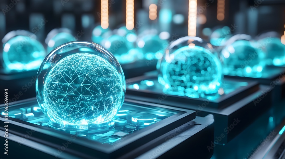 Poster 87. a futuristic 3d setting with glowing spheres and geometric patterns, offering space for product 