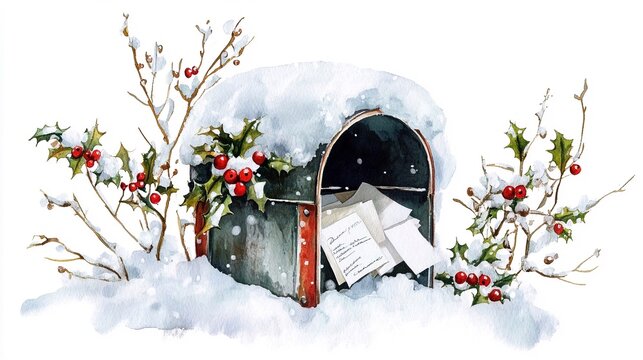 Biglietto di auguri con colori acquarello di una cassetta postale con lettera a Babbo Natale, coperta di neve e agrifoglio. Isolata su sfondo bianco trasparente