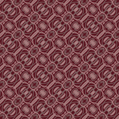 Hand drawn light brown lines create an ikat pattern on a seamless dark red fabric.