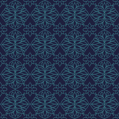 Hand drawn light blue lines create an ikat pattern on a seamless dark blue fabric.