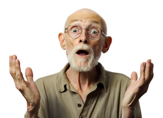 Elderly man with surprised expression, hands raised in shock, wearing beige outfit, isolated on transparent background, png