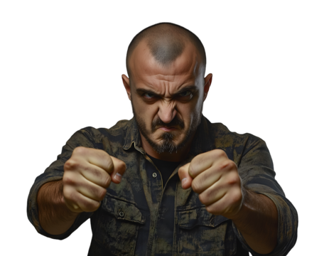 Angry man with clenched fists expressing rage and determination, intense facial features, middle-eastern, isolated on transparent background, PNG