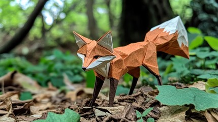 An origami fox, with carefully folded ears and tail, standing on a forest floor made of brown and green paper.