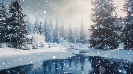 A tranquil snowy winter wonderland with tall pine trees and a frozen pond reflects the gentle snowfall on a serene winter day