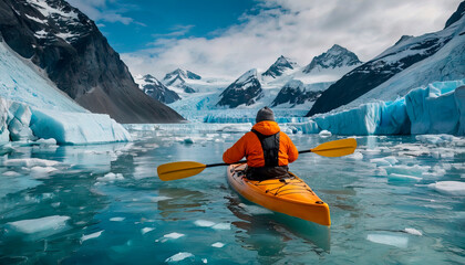 Kayaker in orange jacket and beanie paddling through icy waters surrounded by glaciers, showcasing adventure and exploration in frozen landscapes