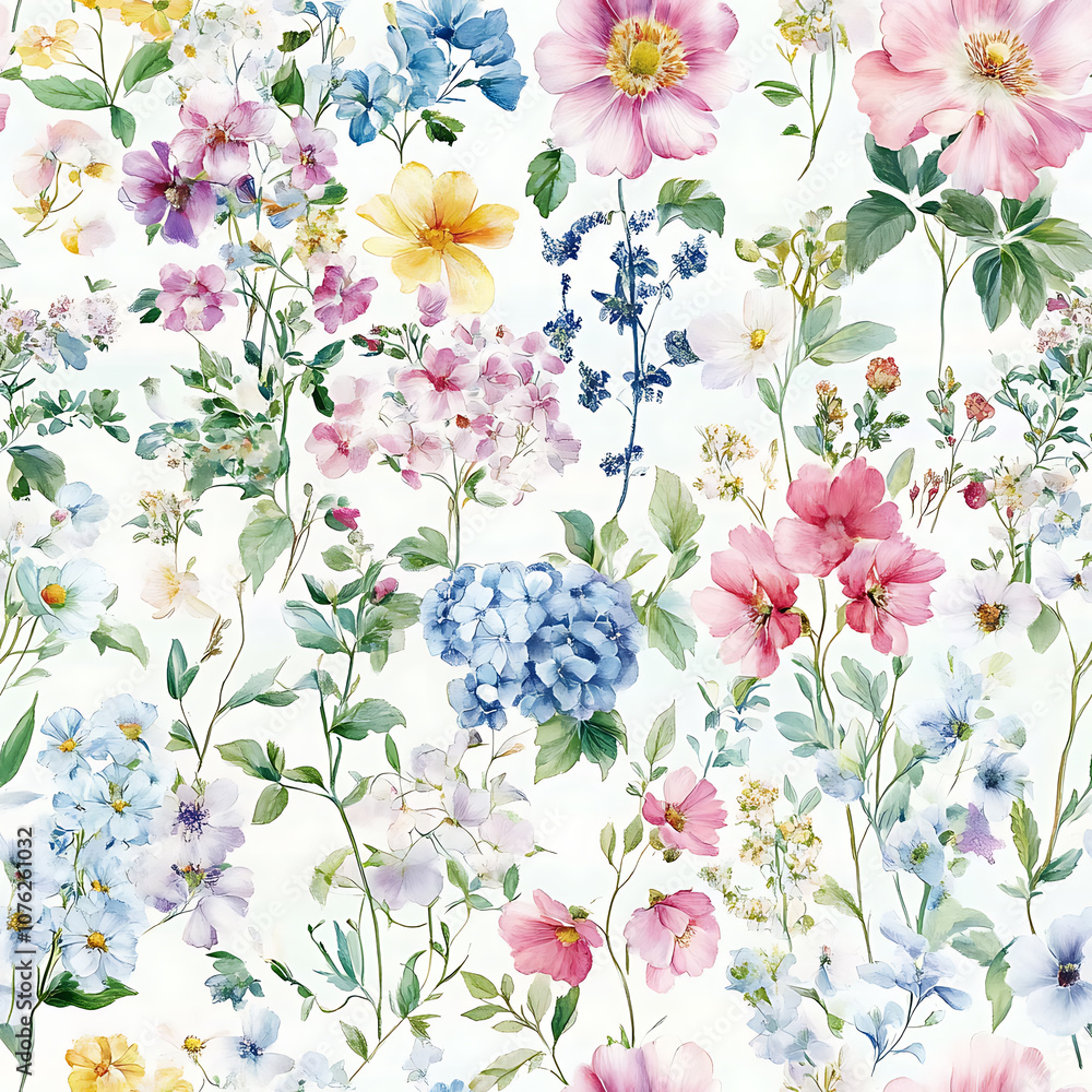 Poster vibrant seamless floral pattern featuring soft colors and various flowers, creating serene and cheer