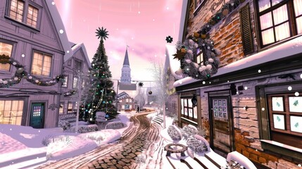 Obraz premium A picturesque snowy village adorned with a beautifully decorated Christmas tree, charming houses, and a magical twilight sky perfect for a holiday backdrop