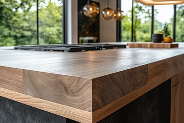 Fototapeta premium Close-up of wooden kitchen countertop with blurred window view. Product placement