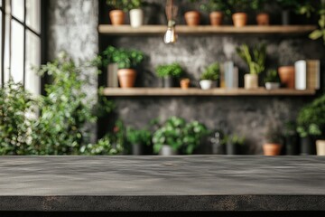 Rustic table with green potted plants and wooden shelves in background. Product placement