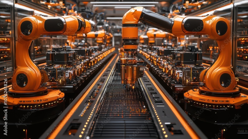 Poster advanced robotic arms working in a high-tech industrial environment, showcasing automation and innov