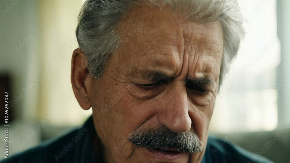 Poster close-up video of an older man with a mustache expressing skepticism, static video with natural wind