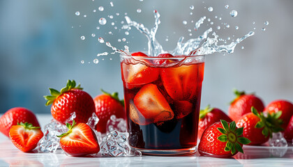 A close up of Red strawberries falling into a glass of fresh water, red, strawberries, glass, water, fruit, refreshing, splash