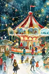 A festive holiday market filled with cheerful shoppers, colorful stalls, twinkling lights, and a merry-go-round under a winter night sky