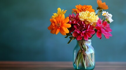 A vibrant bouquet of colorful flowers in a glass vase against a teal background.