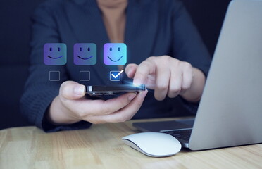 Finger of customer touching and check mark icon face emoticon smile Customer service Satisfaction concept .