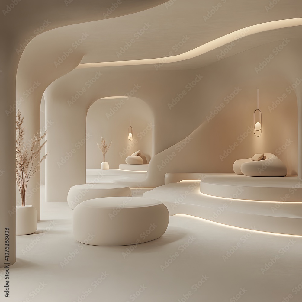 Poster 64. a minimalistic 3d environment with soft colors, curved edges, and ample space in the center for 