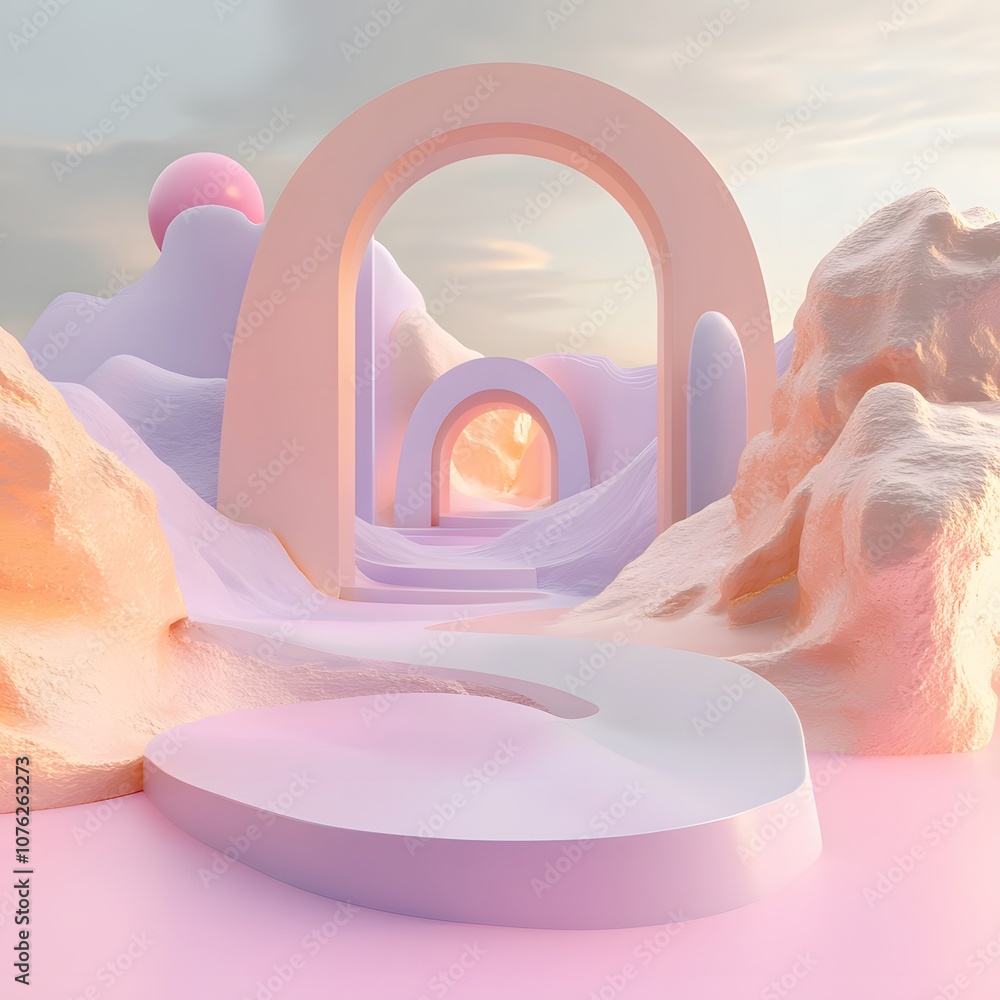 Poster 64. a minimalistic 3d environment with soft colors, curved edges, and ample space in the center for 
