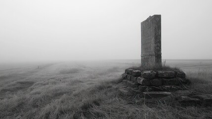 Stone Monument in a Foggy Field