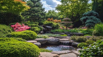 Obraz premium Tranquil Garden with Cascading Waterfall and Pond