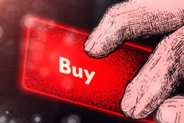 Conceptual illustration of a hand pressing a Buy button on a digital trading platform with glowing charts and Bitcoin Ethereum symbols in the background.