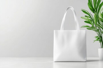 A blank canvas tote bag mockup is positioned on a surface with greenery, ready for personal branding or design customization