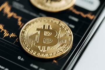 Closeup of a smartphone with a digital wallet and cryptocurrencies, with copy space.