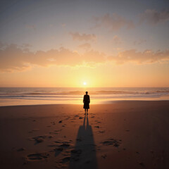 Silhouette of a person standing on the beach at sunrise, tranquil moment