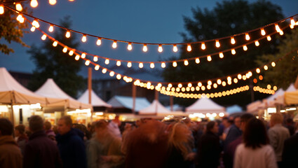 Outdoor festival with lights and blurred crowd in evening