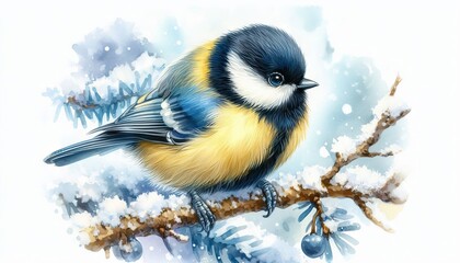 Naklejka premium Tit bird sitting on a snowy branch. Watercolor illustration. Birds Day Winter background