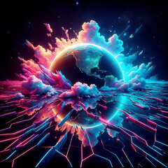 Earth Background, Colorful Landscape with Neon Lights, Bright and Tranquil Nature, for Home Decor, YouTube Thumbnail, Design, Music Cover Art, 4K Wallpaper